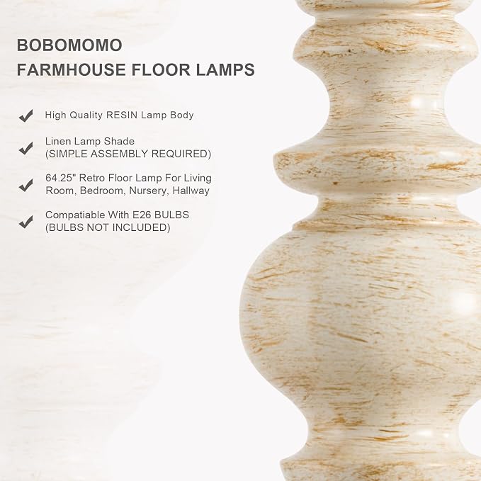 BOBOMOMO 64.25" Farmhouse Floor Lamp for Living Room, Tall Antique White Standing Lamp with Gold Accents, Rotary Switch Reading Lamp for Bedroom & Nursery, Classic Home Decor Corner Lamp
