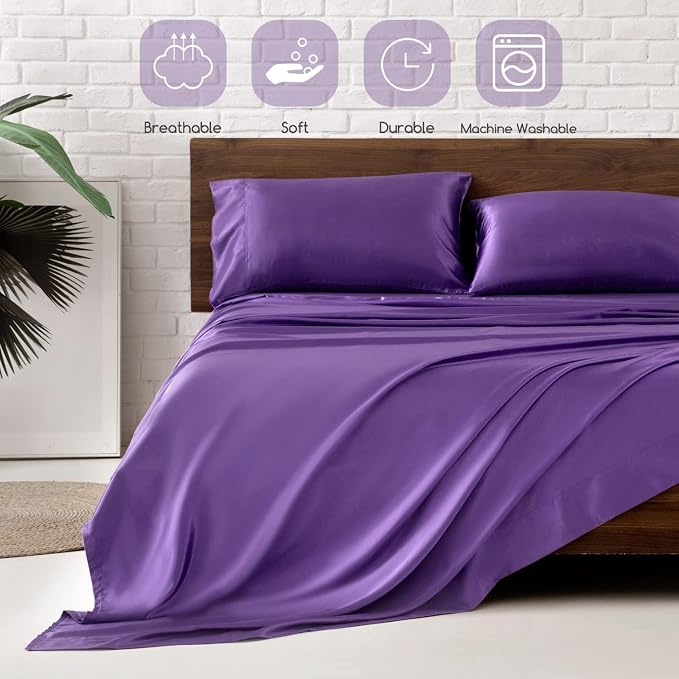 MR&HM Satin Sheets Queen Size with Elastic Corner Straps, Lavender | Similar to Silk, 4-Piece Silky Soft Bed Sheet Set, Gentle on Skin and Hair, 15" Deep Pocket, Cooling & Breathable
