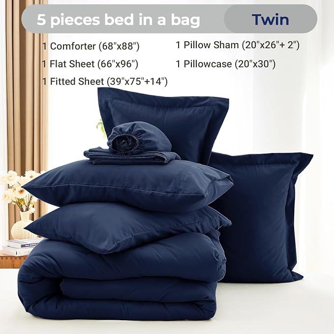 5 Pieces Twin Comforter Set, Soft Bed in a Bag Twin Size, All Season Bedding Set with Comforter, Flat Sheet, Fitted Sheet, Pillowcases & Shams, Navy Blue