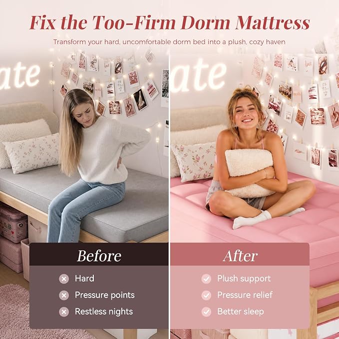 ELEMUSE Twin XL College Girls Dorm 3 Inch Memory Foam Mattress Topper | Pink Dual Layer Design, 2 Inch Cooling Gel Foam and 1 Inch Soft Pillow Top Bed Pad, Comfortable Support