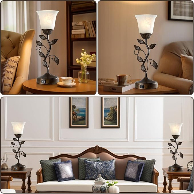 Touch Bedside Table Lamp for Living Room with 2 USB C+A Ports | 3 Way Dimmable Leaf Lamp Retro Vintage Nightstand Table Lamp for Bedroom with White Glass shade, LED Bulb Included