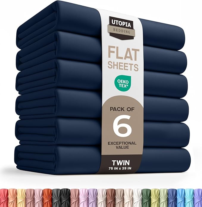 Utopia Bedding Flat Sheets - Pack of 6 - Soft Brushed Microfiber Fabric - Shrinkage & Fade Resistant Top Sheets - Easy Care (Twin, Navy) | Hotel Bedding, Cooling Comfort, Smooth Feel, Wrinkle & Fade Resistant, Easy Care, Long-Lasting, Machine Washable,...