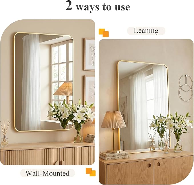 Sweetcrispy Bathroom Mirror for Over Sink, Vanity Wall Mirrors, 24x36 Inch | Matte Metal Frame, Rounded Rectangle, Wall Mirror for Home Decor, Living Room Bedroom, Gold