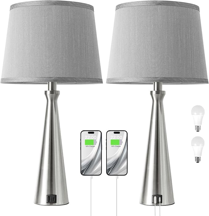 Modern Touch Lamps for Nightstand, 3 Way Dimmable Bedroom Lamp Set of 2 | USB C+A Charging Ports, Silver Bedside Lamps for Bedroom, Living Room, End Table, Bed Side, LED Bulb Included
