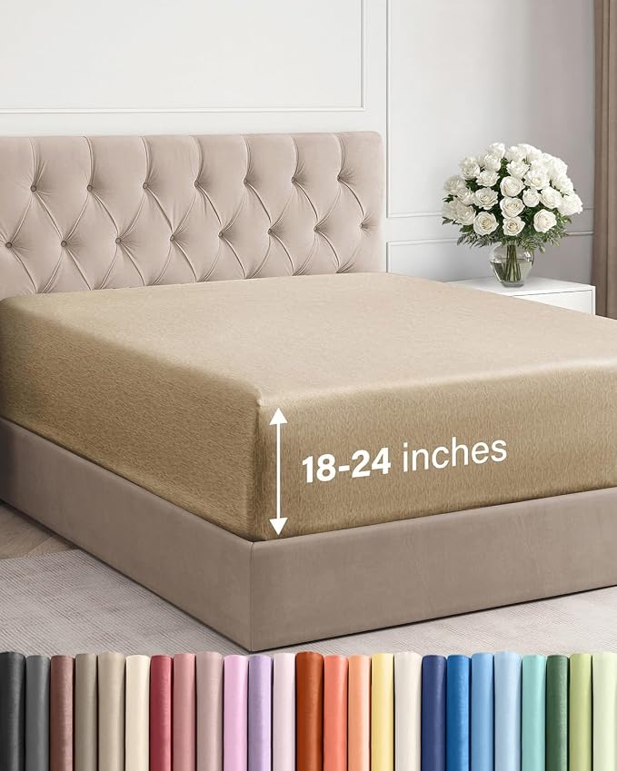 Extra Deep Queen Fitted Sheet - Single Fitted Sheet Only - Heathered Tan | Easily Fits 18 inch to 24 inch Mattress, Soft, Wrinkle Free, Breathable & Comfy, Extra Deep Pockets Hotel Luxury Fitted Sheet