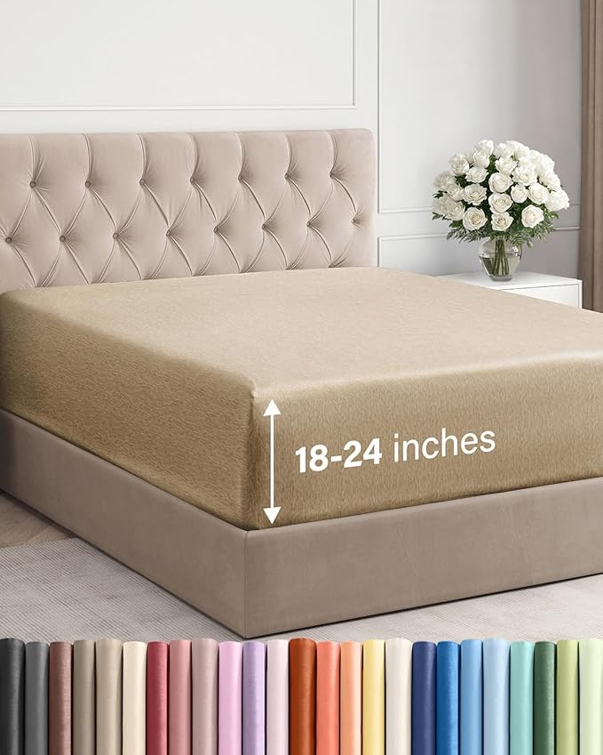 Extra Deep King Fitted Sheet - Single Fitted Sheet Only - Heathered Tan | Easily Fits 18 inch to 24 inch Mattress, Soft, Wrinkle Free, Breathable & Comfy, Extra Deep Pockets Hotel Luxury Fitted Sheet