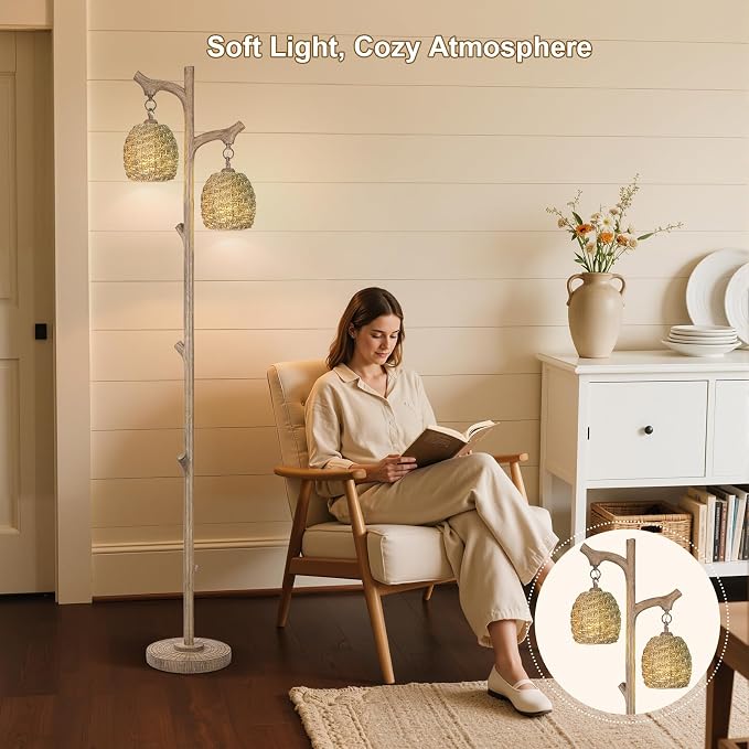 Scenekoy Vintage 68” Tall Resin Floor Lamp with Straw Rope Woven Shade | Tree Trunk Finish Retro Standing Lamp, Dimmable Brightness, Corner Stand Up Lamp with Bulb for Living Room Bedroom Home Decor