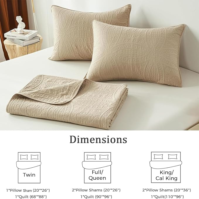 akkialla Twin Quilt Bedding Set,Beige Ultrasonic Quilt Set,Lightweight Soft Bedspread Coverlet,Modern Style Coin Pattern Bed Cover for All Seasons,2 Piece(1 Quilt,1 Pillow Sham)