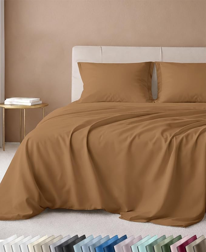 California Design Den Luxury 600 Thread Count Cotton Bed Sheets King, 4 Pcs | 100% Cotton Sateen Backed by Good Housekeeping Seal, Soft & Smooth, 16" Deep Pocket Set, All-Around Elastic - Honey Caramel
