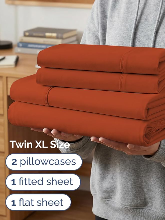 Extra Deep Twin XL Sheet Set - 4 Piece College Dorm Room - Terracotta | College Dorm Room Essentials, Easy & Secure Fit, Ultra-Soft, Wrinkle & Fade Free, Comfy Sheets Set with Extra Deep Pockets