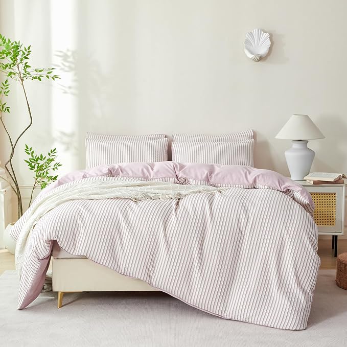 Light Purple Queen Size Comforter Set Striped Soft Luxury Washed Microfiber Jacquard 3 Pieces Bedding, Purple Vertical Ticking Stripes Comforter with 2 Pillowcases Breathable Durable Comfy