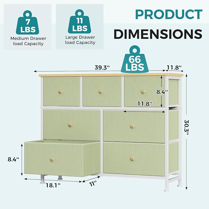 OLIXIS 7 Drawer Fabric Dresser, Storage Tower for Bedroom and Closet | Easy-Pull Bins for Closet Organizers, Chest of Drawers with Steel Frame & Wooden Top for Living Room, Entryway, Light Green