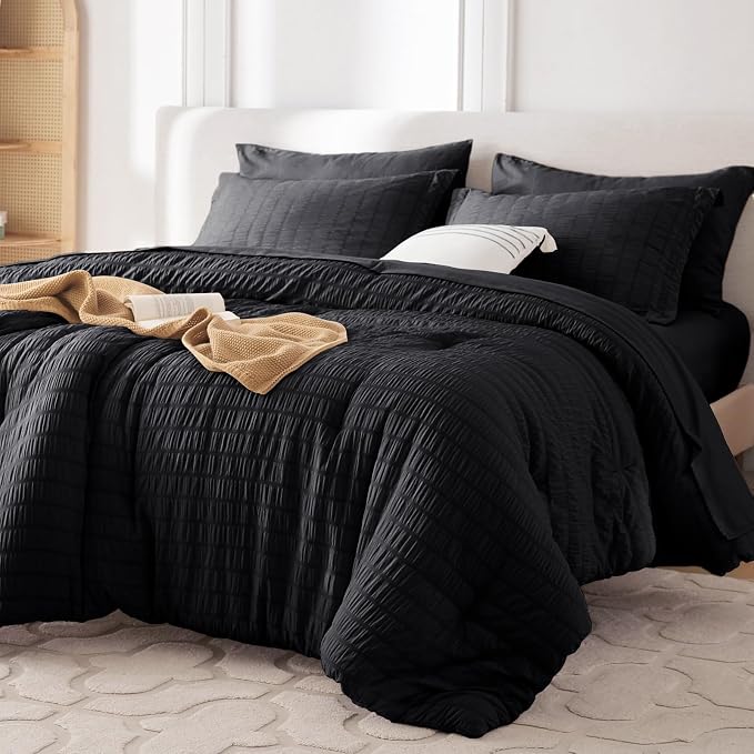 7 Pieces Oversized King Comforter Set, Seersucker Bed in a Bag Oversized King Size, All Season Luxury Bedding Set with Comforter, Flat Sheet, Fitted Sheet, Pillowcases & Shams, Black