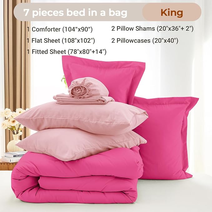 7 Pieces King Comforter Set, Soft Bed in a Bag King Size, All Season Bedding Set with Comforter, Flat Sheet, Fitted Sheet, Pillowcases & Shams, Hot Pink & Baby Pink
