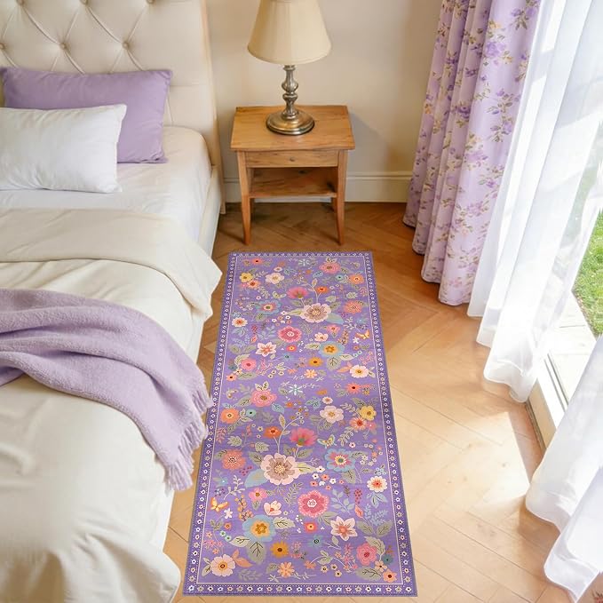 Floral Washable 2x5 Area Rugs Runner Entryway Hallway Purple/Pink | Flower Carpet, Print, Boho, Non-Slip, Easy to Clean, Low Pile, Soft, for Living Room Bedroom Kitchen Office Entrance