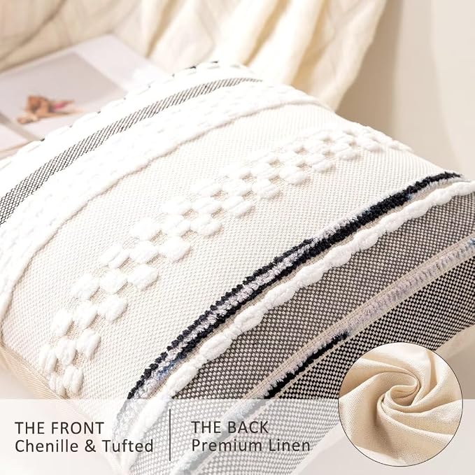 Boho Throw Pillow Covers Decorative Neutral Farmhouse Pillow case | 18x18 Set of 2 Cushion Case Striped Square Pillows Cover Couch Pillow Cases Accent Pillowcase for Sofa Bed,White