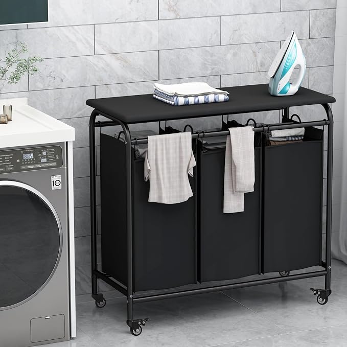 LINZINAR 3-Bag Laundry Hamper with Ironing Board, Black 135L Laundry Sorter | Laundry Room Organization with Heavy Duty Rolling Lockable Wheels and Removable Bag, Bedroom Laundry Cart for Clothes Storage