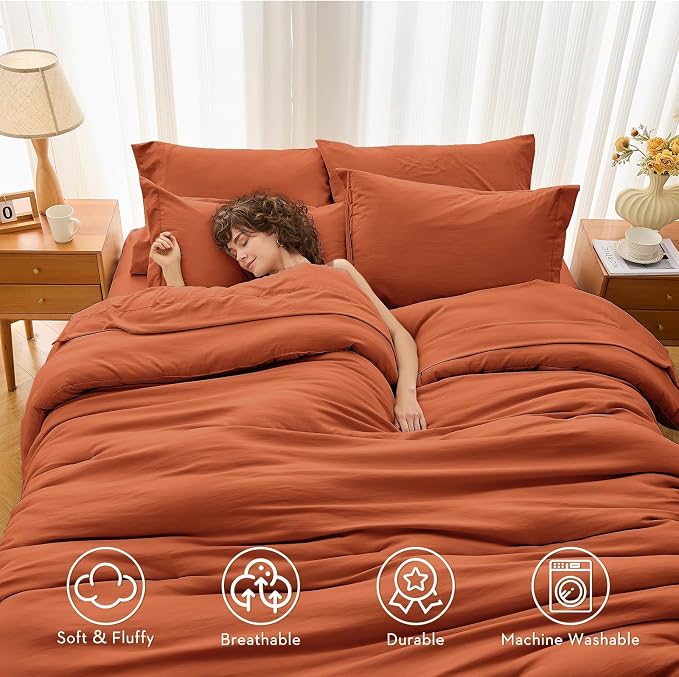 7 Pieces California King Comforter Set, Soft Bed in a Bag Cal King Size, All Season Bedding Set with Comforter, Flat Sheet, Fitted Sheet, Pillowcases & Shams, Burnt Orange