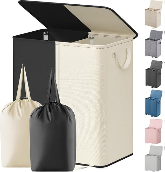 Lifewit Double Laundry Hamper with Lid and Removable Laundry Bags, Large Collapsible 2 Dividers Dirty Clothes Basket with Handles for Bedroom Laundry Room Closet Bathroom College, 155L White&Black