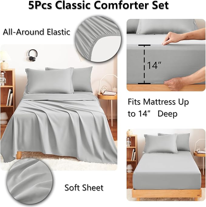 Twin XL Comforter Set Light Grey - 5 Pieces Complete Bedding Set | College Dorm Essentials, OEKO-TEX Certified, All Season, 240GSM Down-Alternative Comforter, Sheets, Pillowcase & Sham