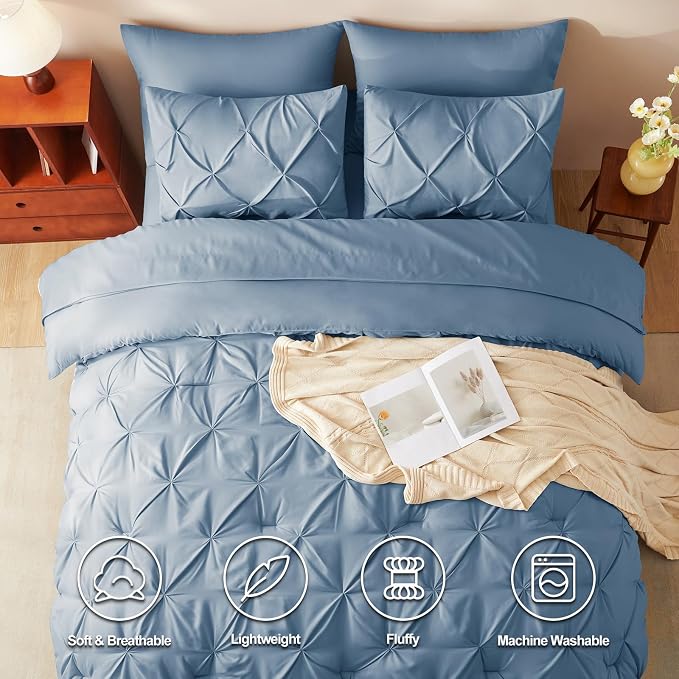 HIMEET King Size Comforter Set Grayish Blue - 7 Pieces Pintuck Bed in a Bag | OEKO-TEX Certified, 240GSM Down Alternative Comforter, 14" Deep Pocket Fitted Sheet + Flat Sheet + 2 Pillowcases + 2 Shams