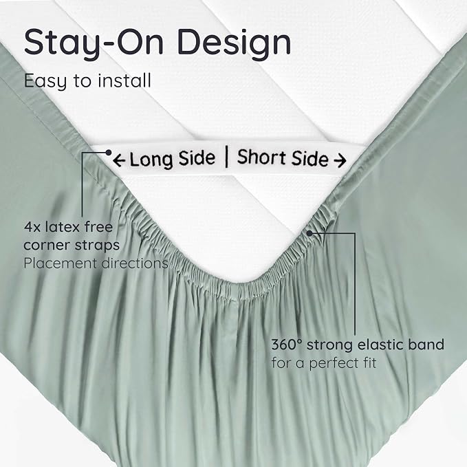 Bambaw Fitted Sheet with Elastic Corner Straps, 100% Viscose Derived from Bamboo Fitted Sheet Queen Size, 16’’ Deep Pocket Queen Size Mattress Sheets (Sea Glass)