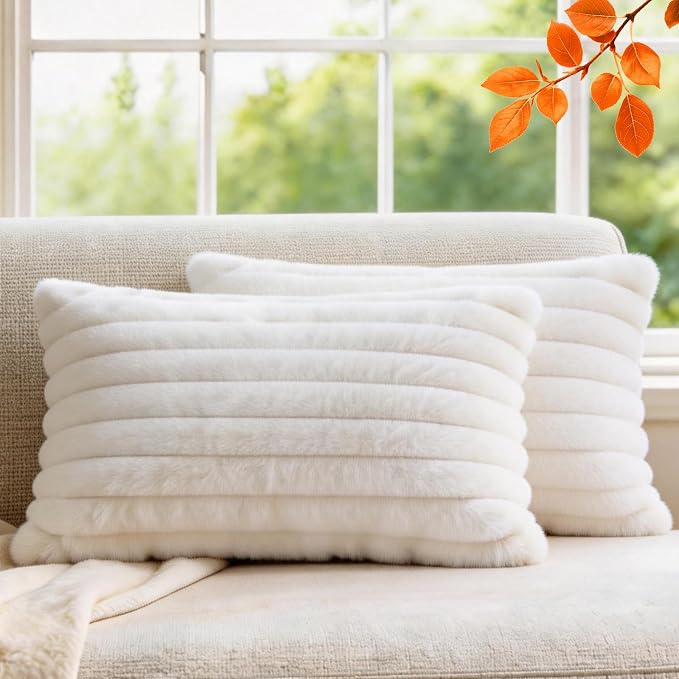 Pack of 2 Throw Pillow Covers 20x12 Decorative Solid Plush Faux Fur with Soft Velvet Back, Square Striped Cushion Cases Modern Farmhouse Home Decor for Living Room Couch Sofa Bed Cream White
