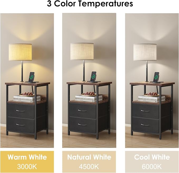Fixwal Bedside Table with 3 Color Temperature Reading Light, Nightstand with LED Light & Charging Station End Table with Adjustable Fabric Drawer for Bedroom, Dorm, Rustic Brown