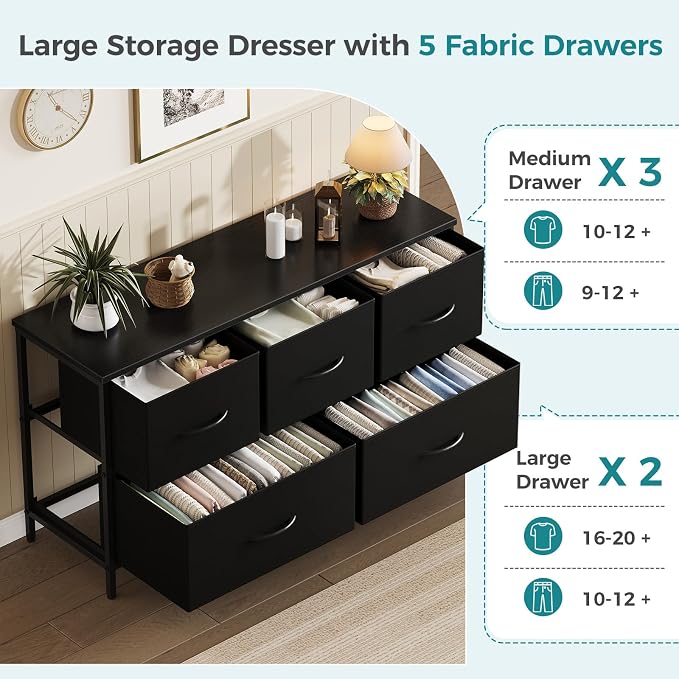 OLIXIS 5 Drawer Black Dresser for Bedroom, Closet Chest Organizer Furniture | TV Stand for Living Room Hallway, Wide Fabric Storage Tower with Wooden Top and Metal Frame
