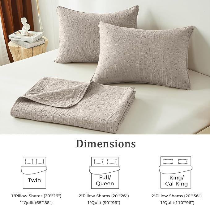 akkialla Taupe King/Cal King Quilt Set, Ultrasonic Lightweight Bedspread Coverlet for Modern Minimalist Bedroom, Soft Microfiber Coin Pattern Bedding, 3-Piece (1 Quilt, 2 Pillow Shams) | Breathable fabric