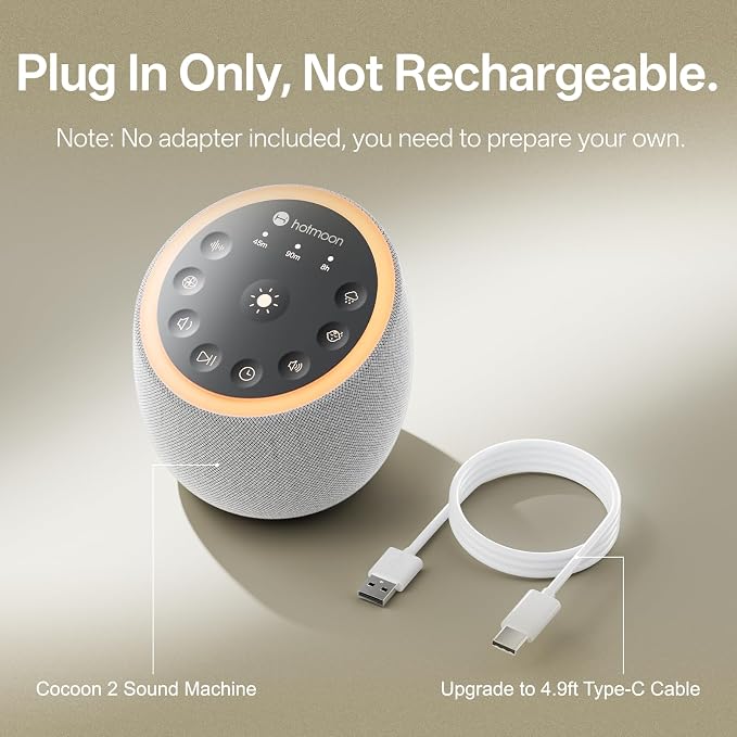 Hotmoon Sound Machine for Sleep, Cocoon 2, 40 Sounds, Dual-Speaker, Plug in | White Green Pink Brown Noise Machine for Sleeping Adults Office Privacy Baby Dogs, 4 Timers, 8 Night Light, Rain Noise Maker