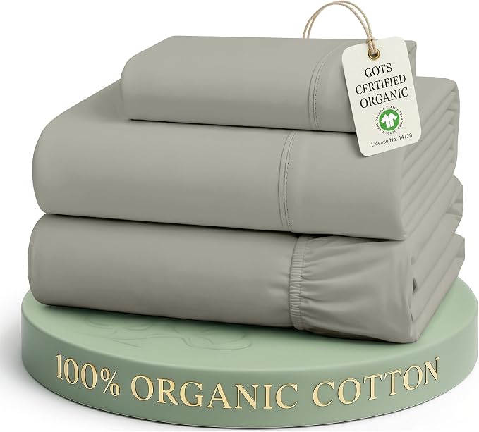 Lane Linen Twin Sheet Set 100% Organic Cotton Cooling Soft 3pc - Silver