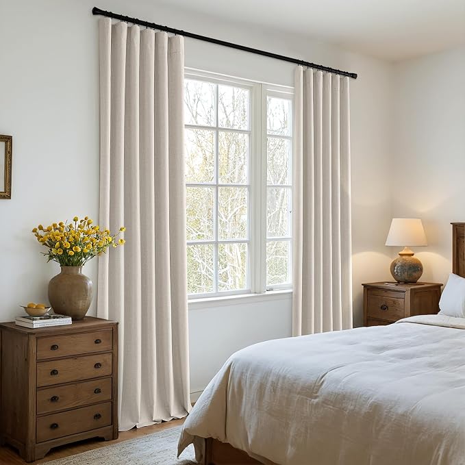 MIULEE 100% Blackout Back Tab Pleat Linen Curtains 50" Wx96 L,Beige | 2 Panels,Thick Faux Linen,Floor to Ceiling,with Hooks,for Bedroom Living Room,Black Out,Room Darkening