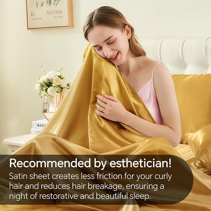 BEDELITE Satin Sheets King Size Bed Set, Gold, 4 Pieces | Luxury Silky Bed Sheets, 15 Inch Deep Pocket, Similar to Silk, Soft and Cooling, Reduces Friction, Gentle on Hair and Skin