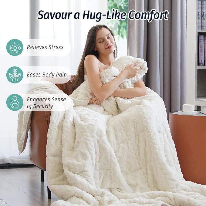 Weighted Blanket for Adults Queen Size 15 lbs 60" x 80" Cream White | Boost Sleep Quality, Relax Body & Mind, Dual Sided Soft Fuzzy Heavy Throw Blankets, Jacquard Knitted, Chunky Warm Fluffy