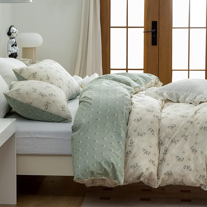 Floral Queen Comforter Set 3 Pieces Soft Chic Garden Style Green Floral Print Lightweight Botanical Flower Comforter Set for All Seasons 1 Comforter and 2 Pillowcases