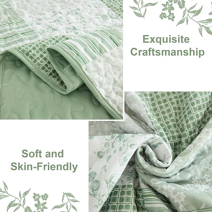 Mybedsoul Boho Quilt Twin Size, Floral Bedspread Dorm Bedding, Light Green | Soft Lightweight Patchwork Quilt, 2 Pieces Plaid Coverlet Set for All Seasons, Reversible Bedding Set Twin 68"×86"