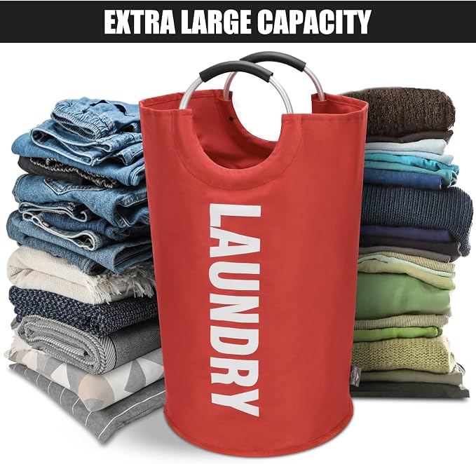 DOKEHOM 125L X-Large Laundry Basket Bag, Collapsible Tall Hamper, Red | Freestanding tall washing bin & foldable laundry bag. Extra large clothes storage basket with durable sturdy handles