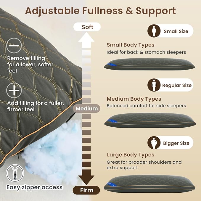 ZonLi Long Body Pillow for Adults, Gold Thread Quilted Gourd Pattern Cover, Soft Durable Adjustable Shredded Memory Foam, Comes with Extra 7 Oz Shredded Foam, Ideal for Side Sleepers, Dark Gray