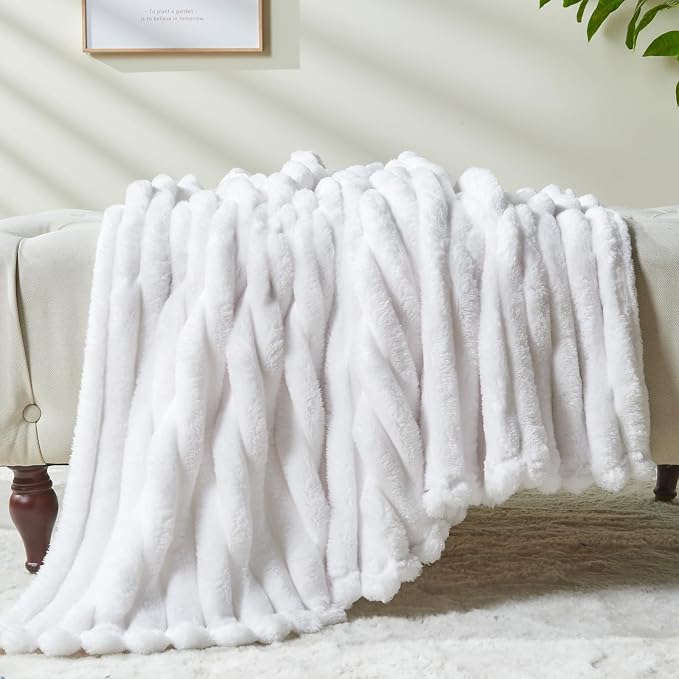 NEWCOSPLAY Fleece Ribbed Cozy Queen Blanket for Couch, White, 90"x90" | Premium Silky Flannel Blanket, Soft Lightweight Fluffy Throw Blanket for Bed Sofa Decor, Gift for All Season Use