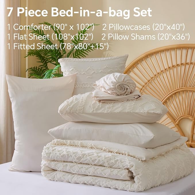 BEDELITE King Comforter Set 7 Pieces,Boho Bed in a Bag,Cream White | Tufted Bed Set for All Seasons,Soft Farmhouse-Style Embroidery Bedding,Includes Flat & Fitted Sheets,2 Pillowcases & 2 Shams