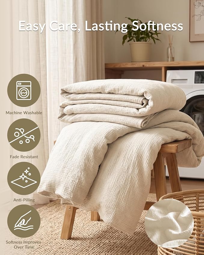 SE SOFTEXLY Muslin Duvet Cover Twin Size, 100% Washed Cotton Duvet Cover Set, Ultra Soft Comforter Cover Linen Like, 2 Pieces Minimalist Gauze Duvet Cover with 1 Pillowcase, 68"x90", Off-White
