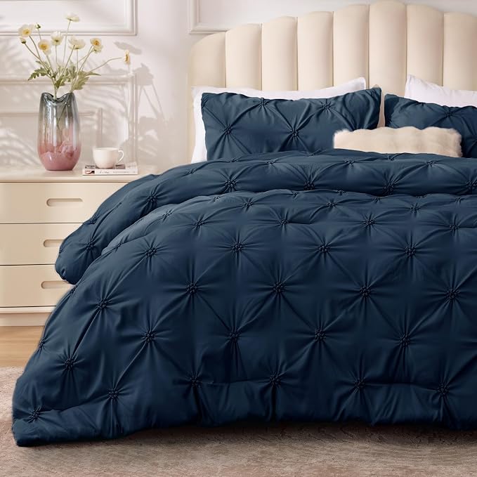 BEDELITE Twin Comforter Set Navy,Lightweight & Soft Comforter | Pintuck Boho Bedding, Warm & Cute Bed Set for All Season,With 1 Pillowcase