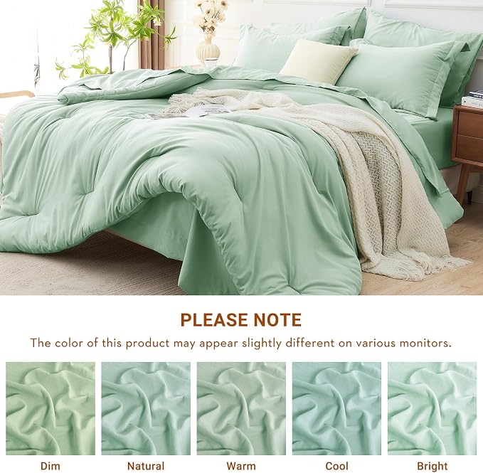 7 Pieces Queen Comforter Set, Soft Bed in a Bag Queen Size, All Season Bedding Set with Comforter, Flat Sheet, Fitted Sheet, Pillowcases & Shams, Sage Green