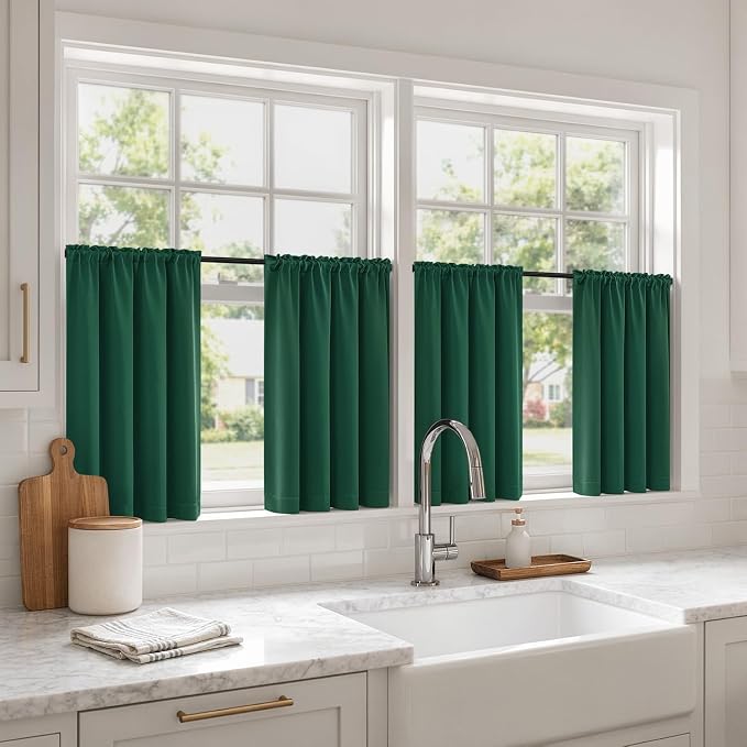 MIULEE Set of 4 Hunter Green 45 Inch Short Blackout Kitchen Window Curtains | Bedroom Drapes, Light Blocking Privacy Curtains for Small Windows, Bathroom, RV/Motorhome, Laundry, Top&Bottom Rod Pocket