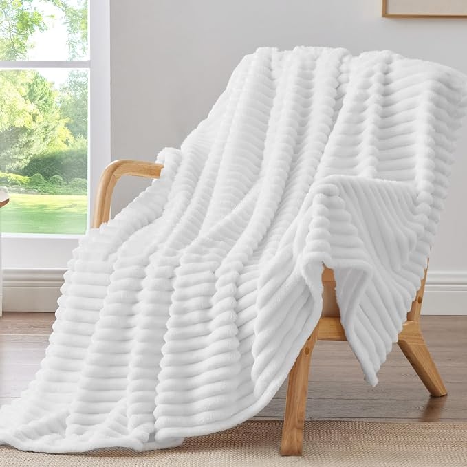 BEDELITE Striped Fleece Throw Blanket, Bright White, 50"x60" | 300GSM Microfiber Fleece, Soft Cozy, Lightweight Warm, Double-Sided Plush, Machine Washable, Gift, Room Decor, for Couch Sofa