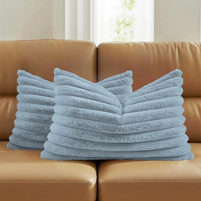 FUTEI Pack of 2 Faux Fur Throw Pillow Covers 12x20 Inch, Dusty Blue | Fluffy Faux Rabbit Fur Front/Premium Velvet Back,Hidden Zipper,Machine Washable,Non-Shedding,Colorfast,Insert Not Included.