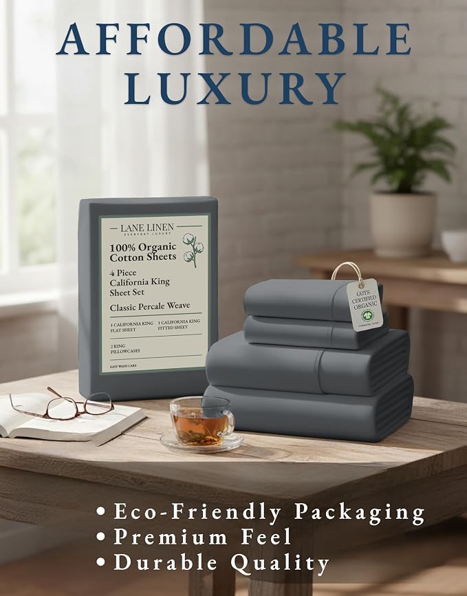 LANE LINEN California King Sheet Set 100% Organic Cotton Cooling - Charcoal | GOTS Certified Organic Cotton Percale Cal King Sheet Set - Soft From The First Wash, Crisp Cool Percale Weave
