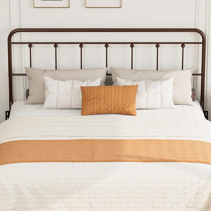 Victorian Metal King Size Headboard Only, Brown | 34"-44.6" Adjustable Height, Steel King Head Board with Bed Frame Brackets Adapter, Easy Assembly, Farmhouse Vintage Style