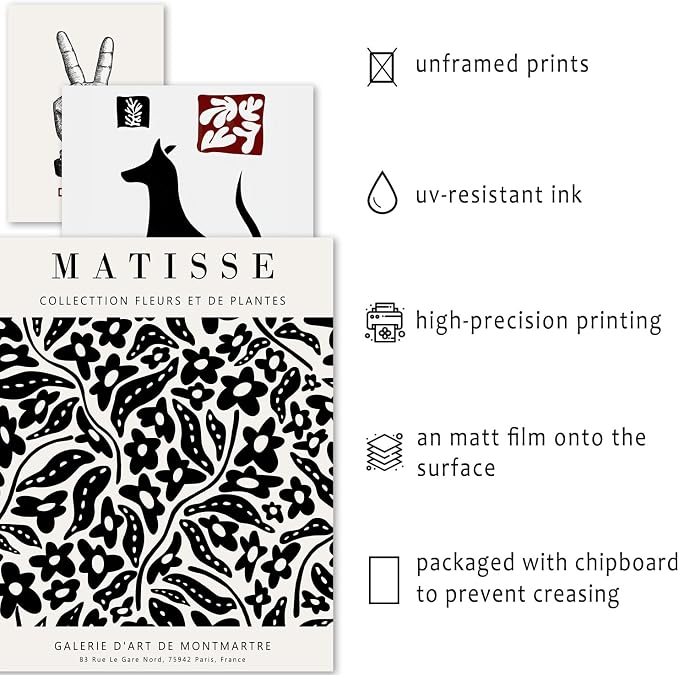 16 PCS Black and White Wall Art Decor, Matisse Abstract Gallery Wall Prints for Bedroom, Minimalist Posters for Living Room Aesthetic, Collage Kit Pictures, Dorm Home Decor
